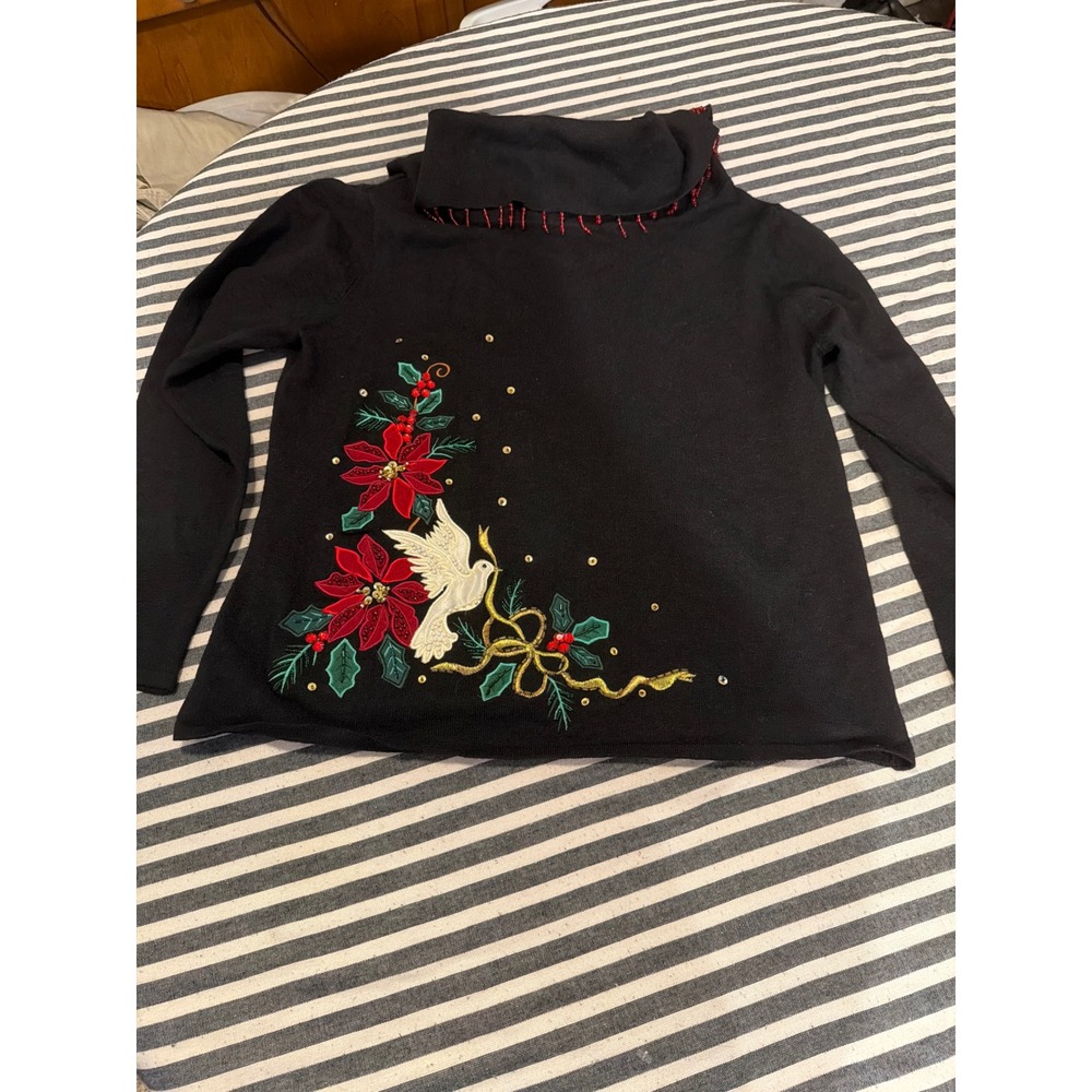 Tiara International Christmas Sweater Womens Large Black Dove‎ Poinsettia Beaded